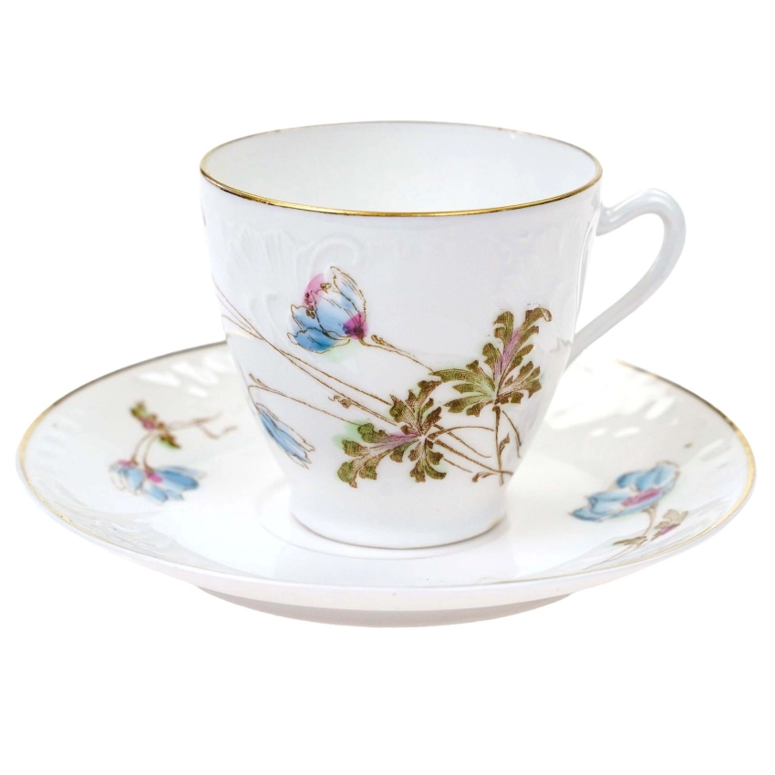 76822 SECESJA FILIŻANKA ZE SPODKIEM RĘCZNIE MALOWANE BŁĘKITNE KWIATY (1).jpg