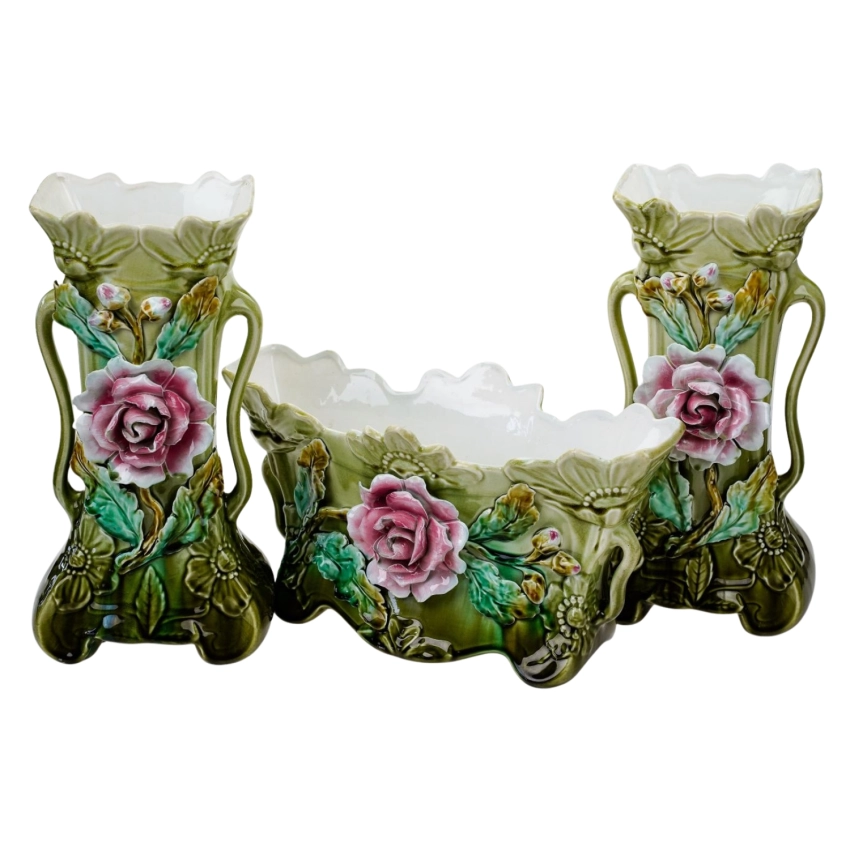 76845 ART NOUVEAU MAJOLIKA PARA WAZONÓW Z ŻARDINIERĄ RÓŻE CUDEŃKA FRANCJA (1).jpg