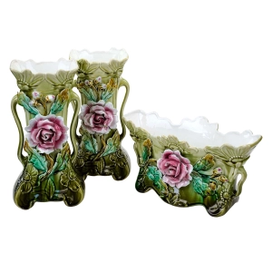 76845 ART NOUVEAU MAJOLIKA PARA WAZONÓW Z ŻARDINIERĄ RÓŻE CUDEŃKA FRANCJA (2).jpg