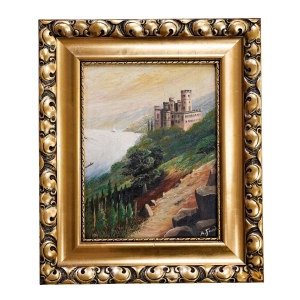 76861 A. FUNK OLEJ NA DESCE PEJZAŻ Z ZAMKIEM STOLZENFELS W ZŁOTEJ RAMIE (1).jpg