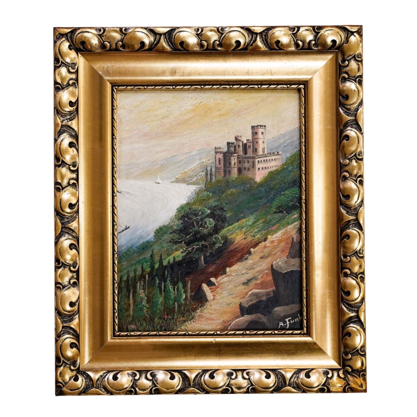76861 A. FUNK OLEJ NA DESCE PEJZAŻ Z ZAMKIEM STOLZENFELS W ZŁOTEJ RAMIE (1).jpg
