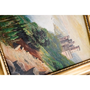 76861 A. FUNK OLEJ NA DESCE PEJZAŻ Z ZAMKIEM STOLZENFELS W ZŁOTEJ RAMIE (2).jpg