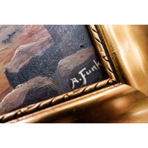 76861 A. FUNK OLEJ NA DESCE PEJZAŻ Z ZAMKIEM STOLZENFELS W ZŁOTEJ RAMIE (4).jpg