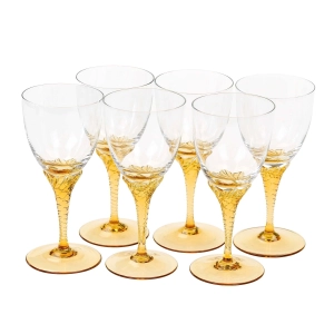 CZECHOSŁOWACJA KOMPLET 6 KIELISZKÓW NA BURSZTYNOWYCH SPIRALNYCH NÓŻKACH