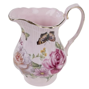 ŚLICZNY MLECZNIK Z RÓŻOWEJ PORCELANY RÓŻE I MOTYLKI
