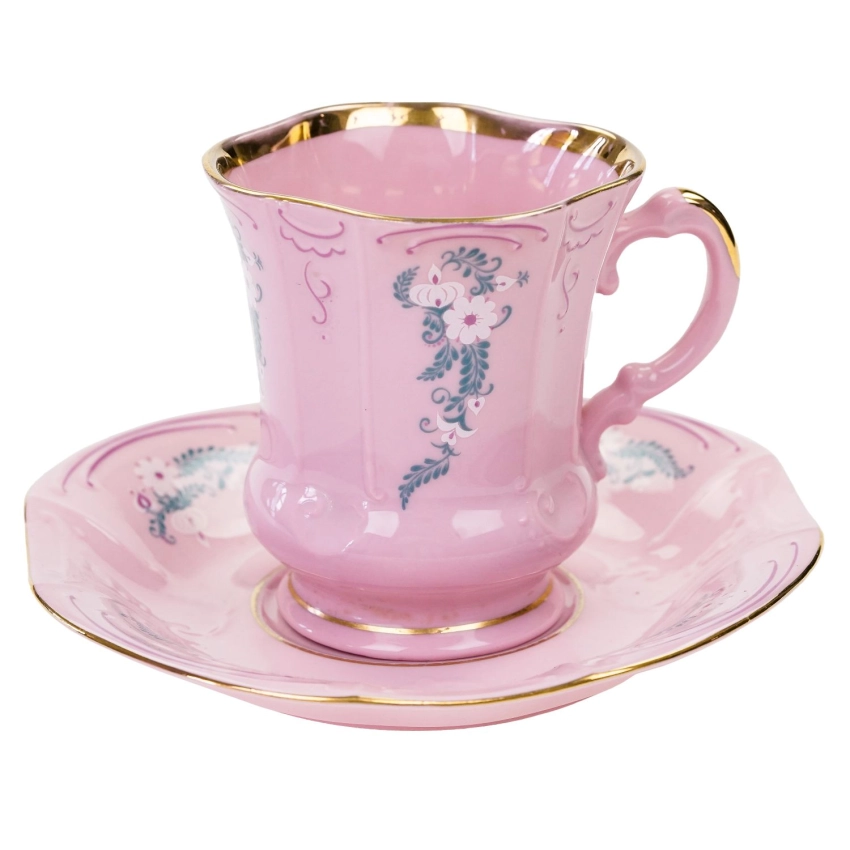 71922 STRUŽNA GRANIASTA FILIŻANKA ZE SPODKIEM Z RÓŻOWEJ PORCELANY BIAŁE KWIATKI I LISTECZKI (1).jpg