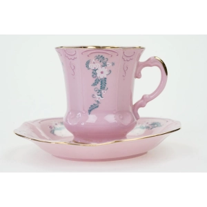 71922 STRUŽNA GRANIASTA FILIŻANKA ZE SPODKIEM Z RÓŻOWEJ PORCELANY BIAŁE KWIATKI I LISTECZKI (2).JPG