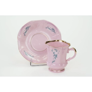 71922 STRUŽNA GRANIASTA FILIŻANKA ZE SPODKIEM Z RÓŻOWEJ PORCELANY BIAŁE KWIATKI I LISTECZKI (4).JPG