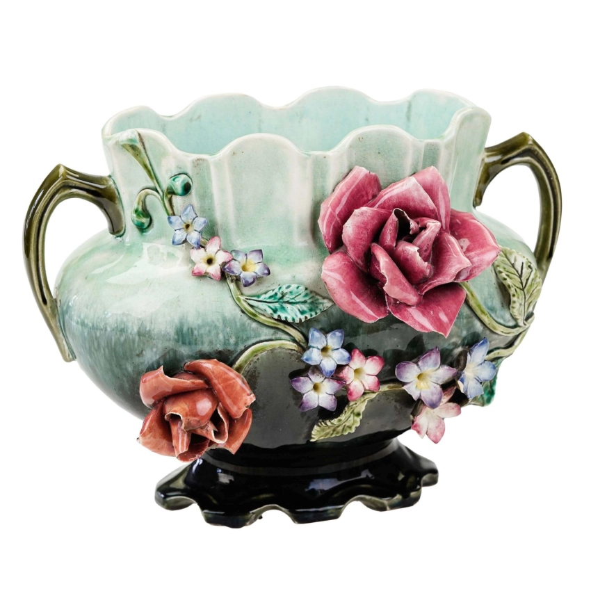 77116 ART NOUVEAU SECESJA FANTASTYCZNA ŻARDINIERA MAJOLIKA KWIATOWA (1).jpg