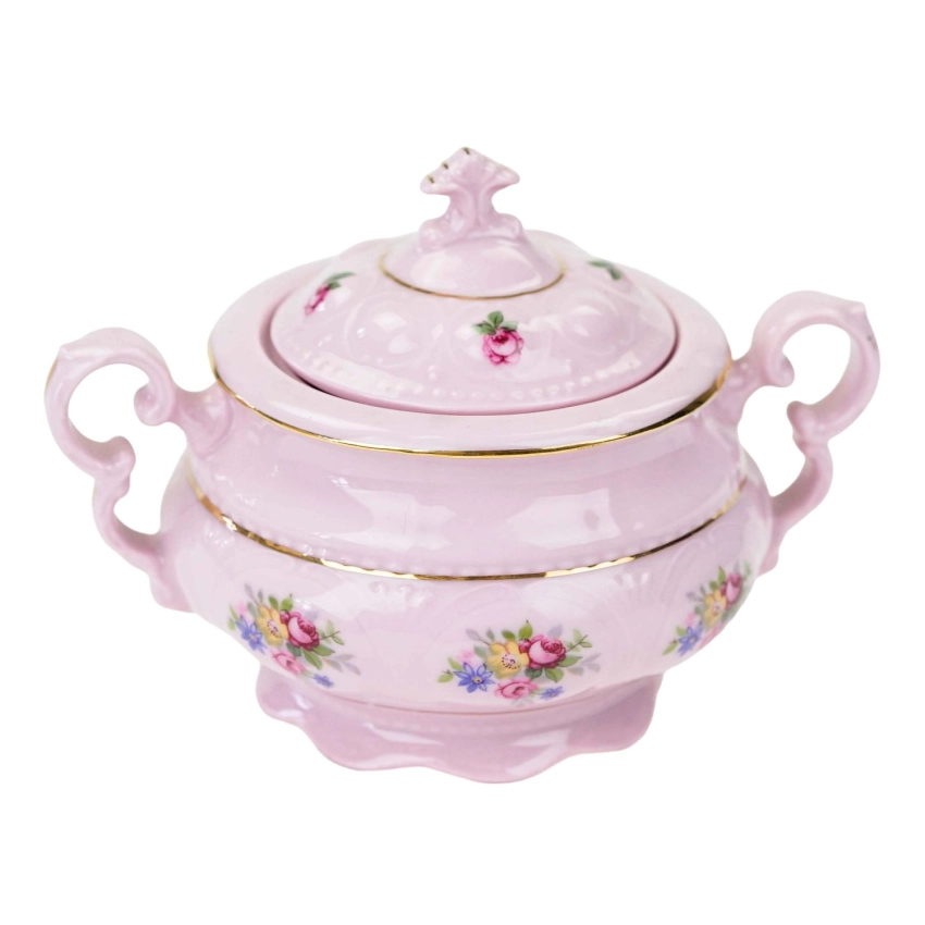 77215 RUDOLF KÄMPF RZADKOŚĆ CUKIERNICZKA Z RÓŻOWEJ PORCELANY FASON SONATA KOLOROWE KWIATUSZKI (1).jpg