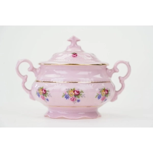 77215 RUDOLF KÄMPF RZADKOŚĆ CUKIERNICZKA Z RÓŻOWEJ PORCELANY FASON SONATA KOLOROWE KWIATUSZKI (2).jpg