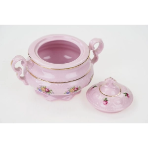 77215 RUDOLF KÄMPF RZADKOŚĆ CUKIERNICZKA Z RÓŻOWEJ PORCELANY FASON SONATA KOLOROWE KWIATUSZKI (3).jpg