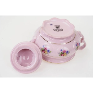 77215 RUDOLF KÄMPF RZADKOŚĆ CUKIERNICZKA Z RÓŻOWEJ PORCELANY FASON SONATA KOLOROWE KWIATUSZKI (4).jpg