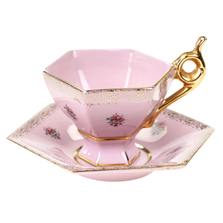 77222 KARLOVY VARY RÓŻOWA PORCELANA GRANIASTA FILIŻANKA ZE SPODKIEM KOLOROWE BUKIECIKI (1).jpg