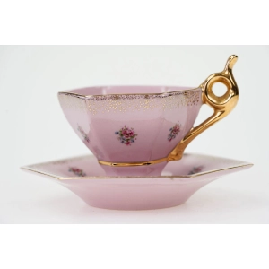 77222 KARLOVY VARY RÓŻOWA PORCELANA GRANIASTA FILIŻANKA ZE SPODKIEM KOLOROWE BUKIECIKI (2).jpg