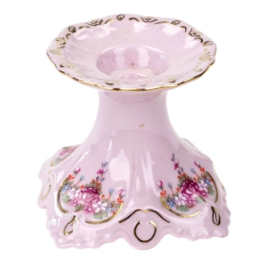 CHODOV LENKA ŚWIECZNIK Z RÓŻOWEJ PORCELANY KOLOROWE BUKIECIKI I ZŁOCENIA