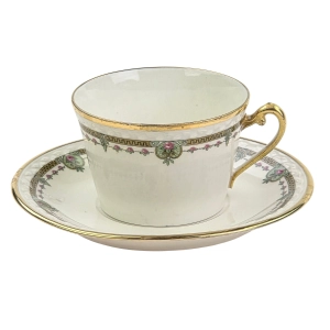 77332 LIMOGES ŚLICZNA FILIŻANKA ZE SPODKIEM KWIATOWE BORDIURY (1).jpg