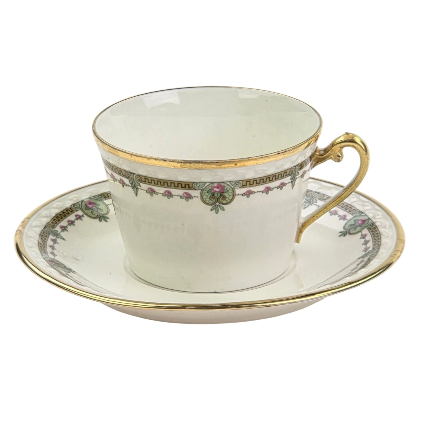 77332 LIMOGES ŚLICZNA FILIŻANKA ZE SPODKIEM KWIATOWE BORDIURY (1).jpg