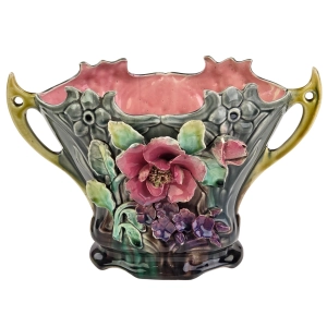 77381 ART NOUVEAU SECESJA FANTASTYCZNA PAŁACOWA ŻARDINIERA WAZON MAJOLIKA KWIATOWA (1).jpg