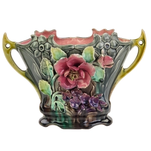77381 ART NOUVEAU SECESJA FANTASTYCZNA PAŁACOWA ŻARDINIERA WAZON MAJOLIKA KWIATOWA (2).jpg
