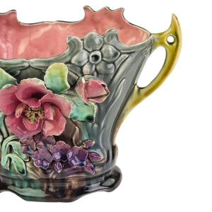 77381 ART NOUVEAU SECESJA FANTASTYCZNA PAŁACOWA ŻARDINIERA WAZON MAJOLIKA KWIATOWA (3).jpg