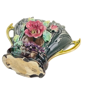 77381 ART NOUVEAU SECESJA FANTASTYCZNA PAŁACOWA ŻARDINIERA WAZON MAJOLIKA KWIATOWA (8).jpg