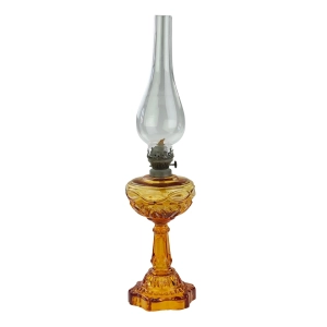 STARA SZKLANA LAMPA NAFTOWA Z BURSZTYNOWĄ PODSTAWĄ