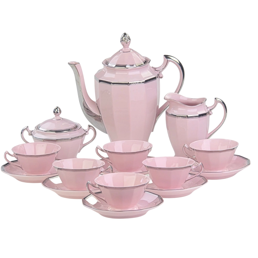 77721 CHODOV GRANIASTY SERWIS DO KAWY 6 OSÓB Z RÓŻOWEJ PORCELANY CUDEŃKO SREBRZENIA (1).jpg