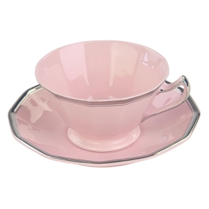 CHODOV GRANIASTA FILIŻANKA ZE SPODKIEM Z RÓŻOWEJ PORCELANY CUDEŃKO SREBRZENIA
