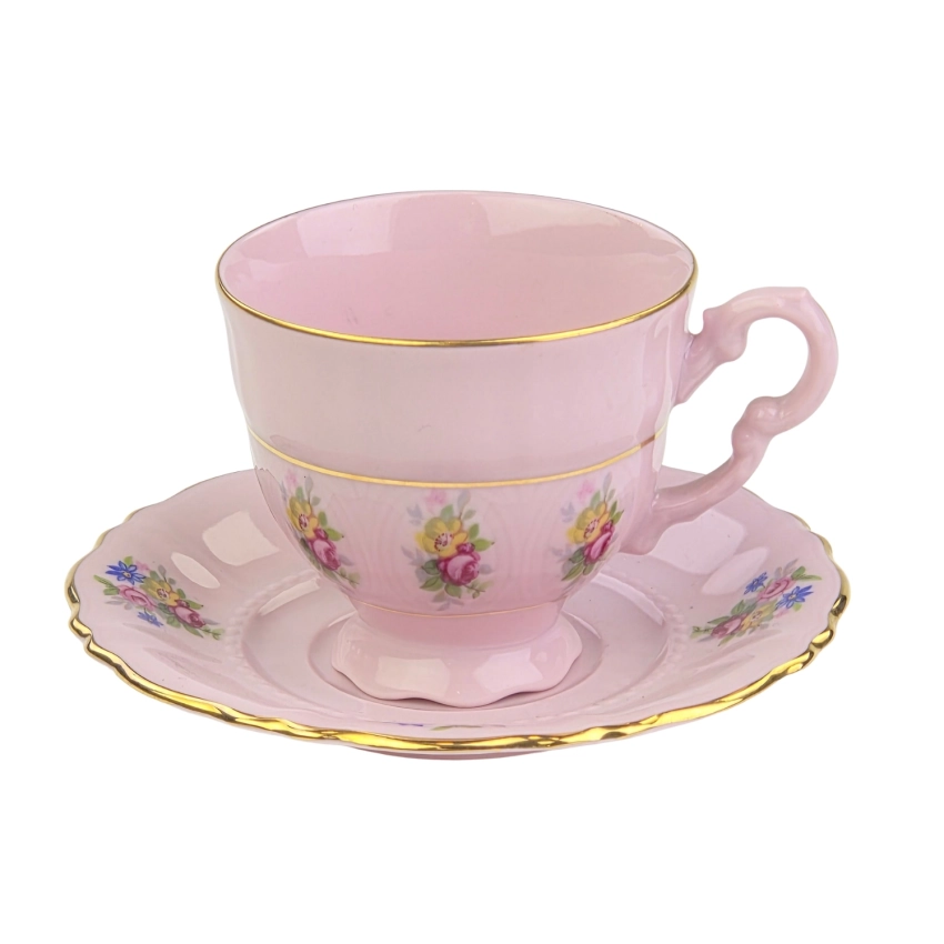 77806 LEANDER FILIŻANKA MOKKA ZE SPODKIEM Z RÓŻOWEJ PORCELANY FASON SONATA KOLOROWE KWIATUSZKI (1).jpg