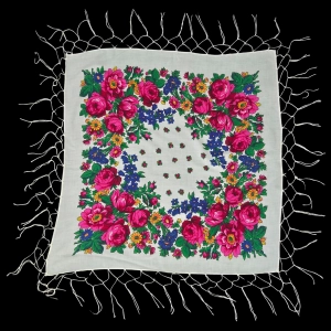BIAŁA DUŻA CHUSTA W STYLU LUDOWYM FOLKOWYM 73 X 71 CM+FRĘDZLE