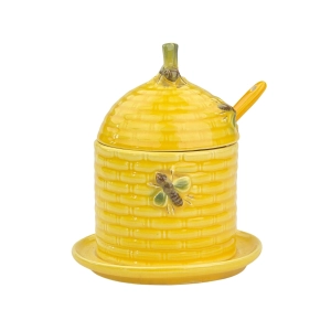 GOEBEL CERAMICZNY ŻÓŁTY POJEMNIK NA MIÓD W KSZTAŁCIE ULA Z PSZCZÓŁKAMI Z ŁYŻECZKĄ