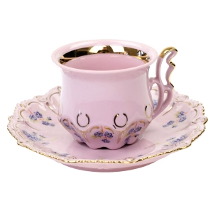 CHODOV FILIŻANKA ZE SPODKIEM Z RÓŻOWEJ PORCELANY W NIEZAPOMINAJKI