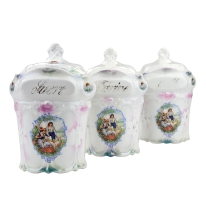 KOMPLET ŚLICZNYCH PORCELANOWYCH POJEMNIKÓW MĄKA CUKIER KAWA