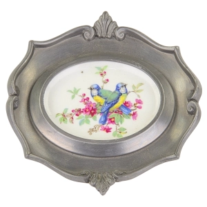 SCHWARZENHAMMER PTASZKI NA PORCELANIE W CYNOWEJ RAMIE MODRASZKI ZWYCZAJNE