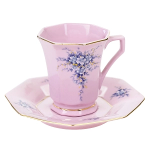 LEANDER FILIŻANKA ZE SPODKIEM RÓŻOWA PORCELANA BŁĘKITNE BUKIETY