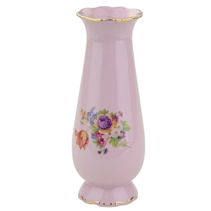 LEANDER ŚLICZNY WAZON Z RÓŻOWEJ PORCELANY BUKIET KOLOROWYCH KWIATÓW