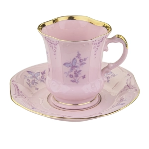 79624 STRUŽNA GRANIASTA FILIŻANKA ZE SPODKIEM Z RÓŻOWEJ PORCELANY FIOLETOWE KWIATKI I MOTYLKI (1).jpg