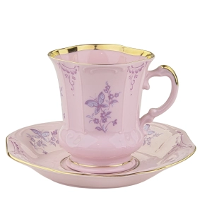 79624 STRUŽNA GRANIASTA FILIŻANKA ZE SPODKIEM Z RÓŻOWEJ PORCELANY FIOLETOWE KWIATKI I MOTYLKI (2).jpg