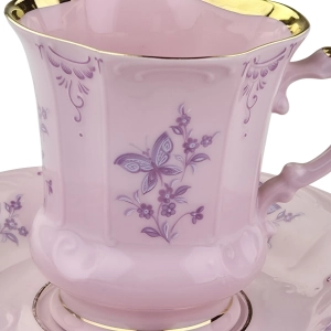 79624 STRUŽNA GRANIASTA FILIŻANKA ZE SPODKIEM Z RÓŻOWEJ PORCELANY FIOLETOWE KWIATKI I MOTYLKI (4).jpg