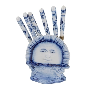 PORCELANOWY STOJAK Z NOŻAMI DO OWOCÓW KOBALEM MALOWANE