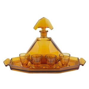 79849 STÖLZLE HEŘMANOVA HUŤ BURSZTYNOWA KARAFKA ART-DECO Z KIELISZKAMI NA TACY (2).jpg