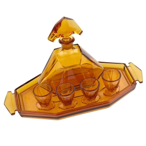 79849 STÖLZLE HEŘMANOVA HUŤ BURSZTYNOWA KARAFKA ART-DECO Z KIELISZKAMI NA TACY (4).jpg