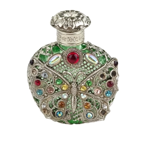 79971 STARA BUTELECZKA FLASZECZKA NA PERFUMY OKUTA W METAL Z KAMIENIAMI FILIGRAN I MOTYL (2).jpg