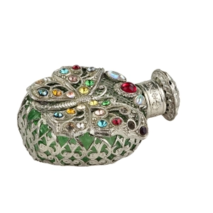 79971 STARA BUTELECZKA FLASZECZKA NA PERFUMY OKUTA W METAL Z KAMIENIAMI FILIGRAN I MOTYL (3).jpg